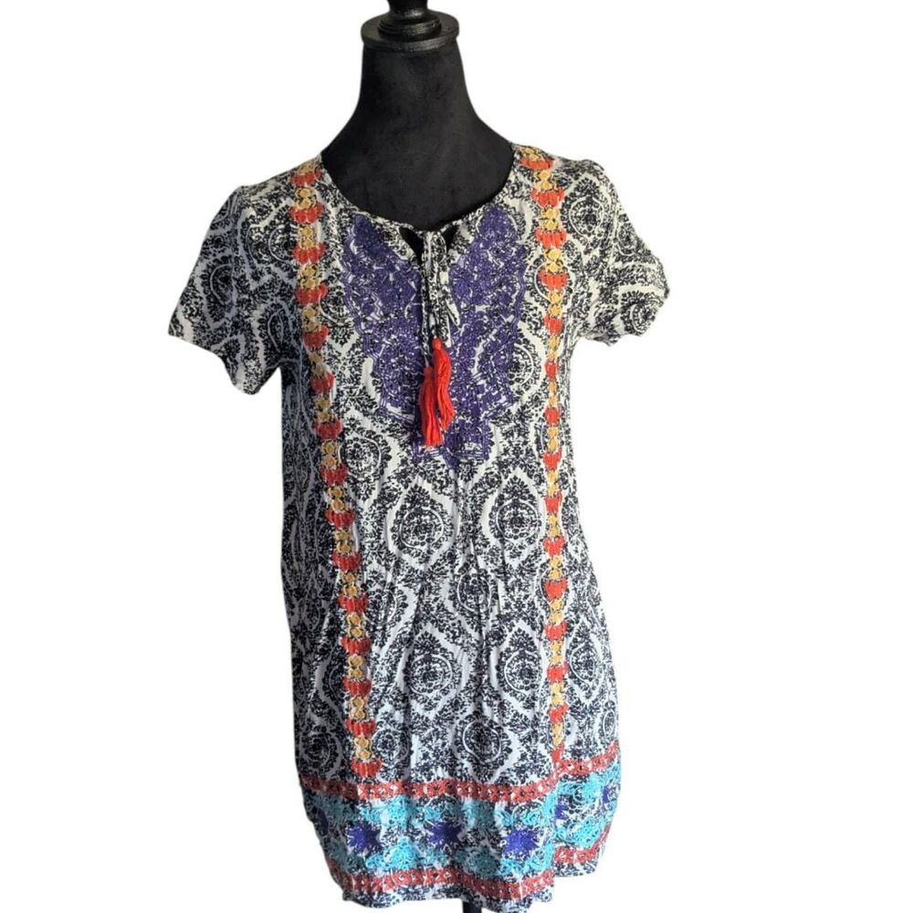 THML Anthropologie Embroidered Tunic Dress S Black White Boho Resort Tassel